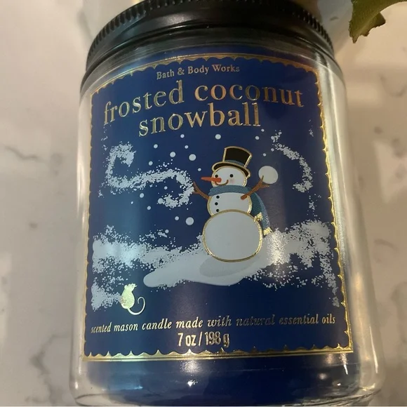 Bath & Body Works Frosted Coconut Snowball Candle Single Wick Mason- Blue & Gold - Picture 3 of 6
